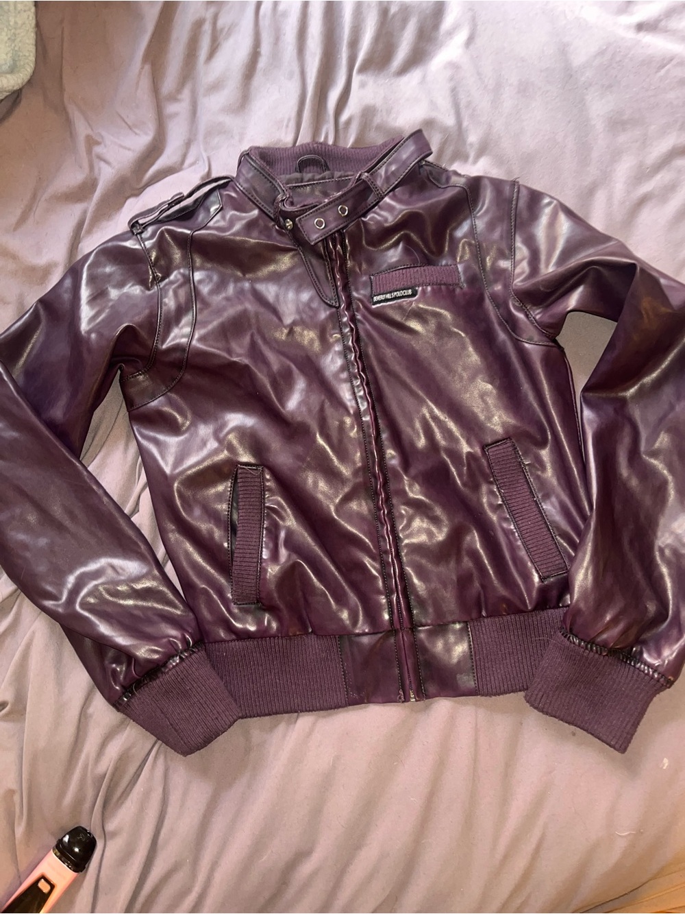 Beverly Hills Polo Club Women's Plum Faux Leather Bomber Jacket VINTAGE